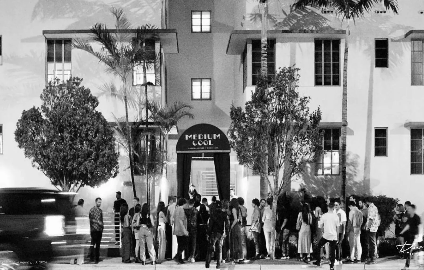 A crowd lines up under the Medium Cool awning in Miami Beach