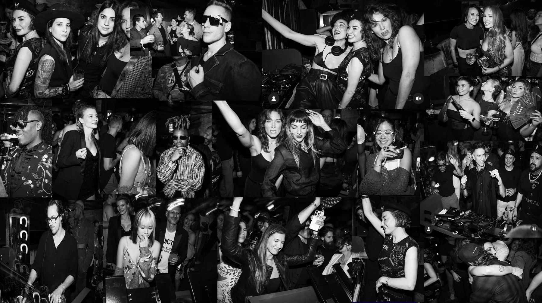 Black-and-white collage of guests and DJs dancing inside Medium Cool