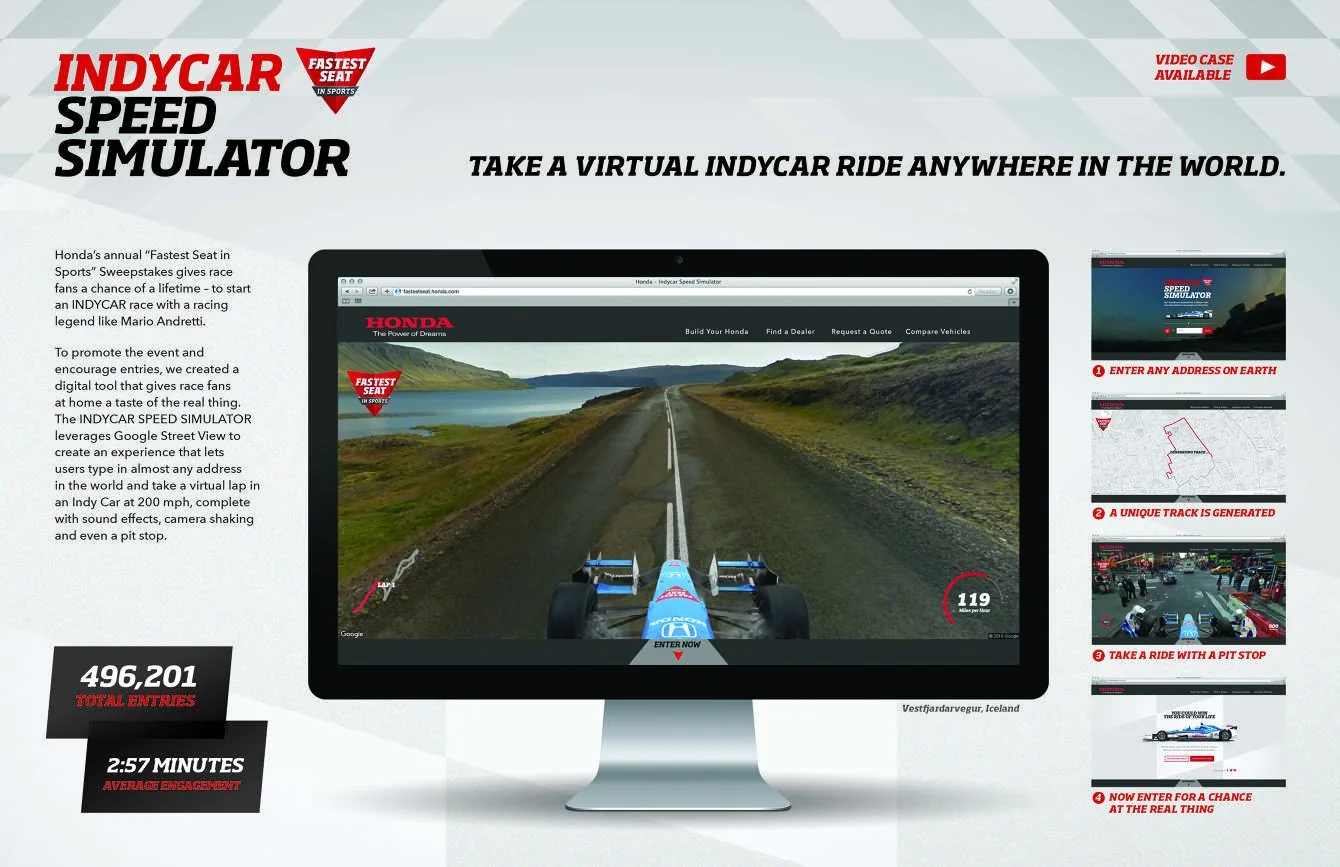 IndyCar Speed Simulator case board: 496,201 total entries, 2:57 minutes average engagement