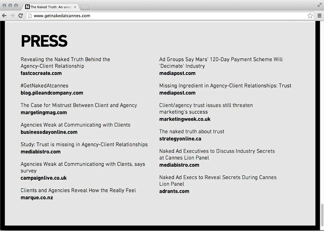 Press list: Fast Company Co.Create, Campaign, Marketing Week, Mediapost, Strategy, Mediabistro, Adrants and more