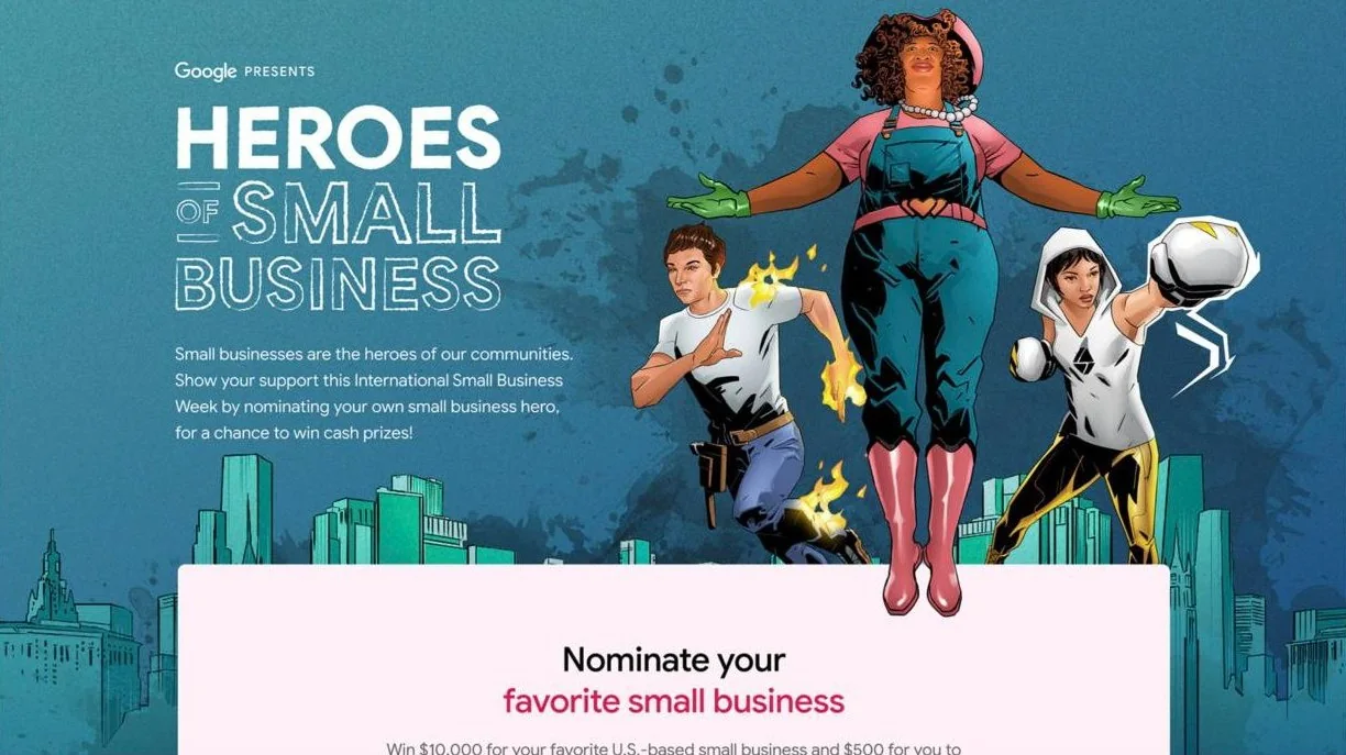 Heroes of Small Business nomination site: three illustrated small business owners as superheroes over a city skyline