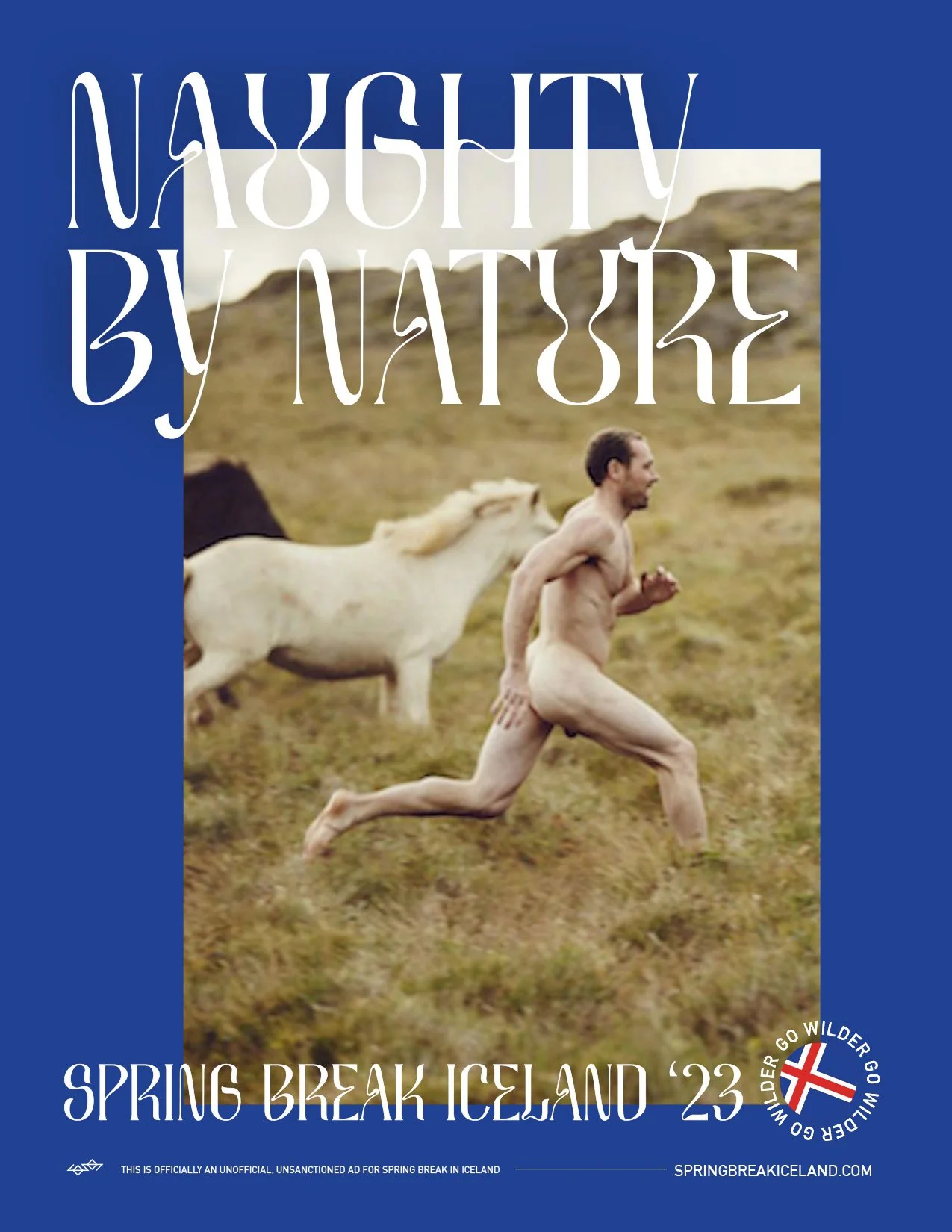Poster: Naughty by nature. A naked man runs with Icelandic horses.