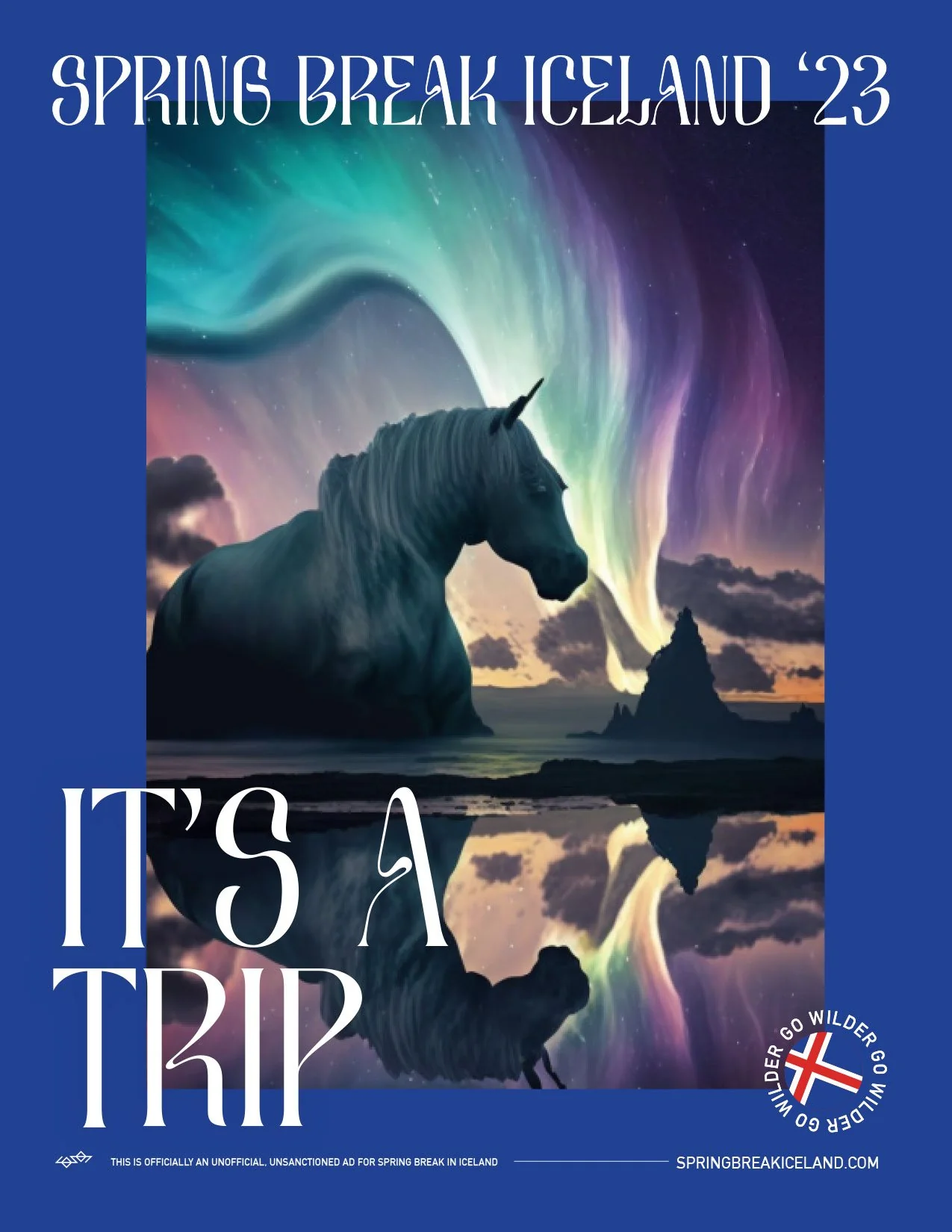 Poster: It's a trip. A horse under the northern lights.
