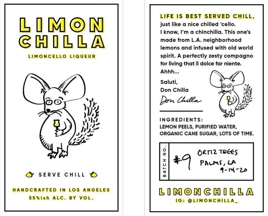 Limonchilla labels, front and back, with Don Chilla the chinchilla