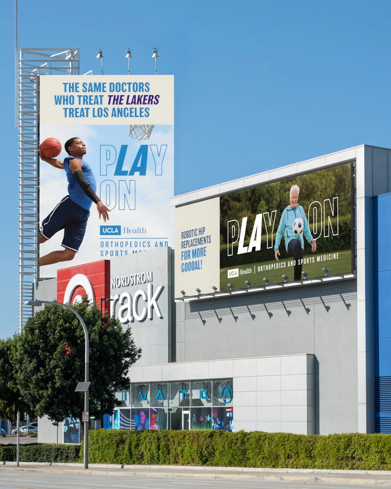 Two billboards on a retail building: The same doctors who treat the Lakers treat Los Angeles, and Robotic hip replacements for more goooal