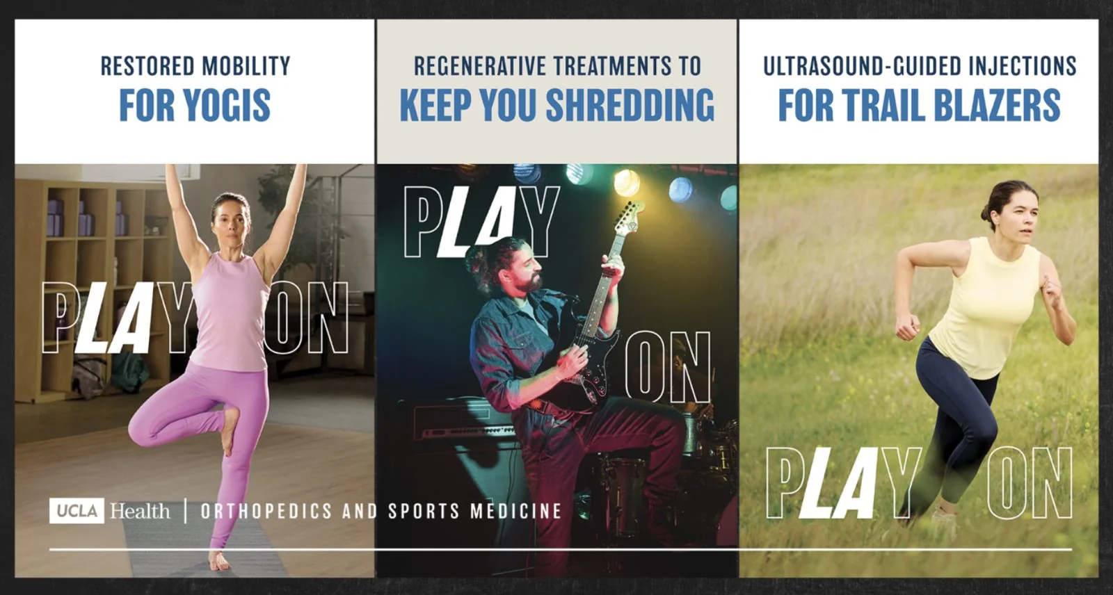 Three wild postings side by side: yogis, shredding guitarist, trail blazer